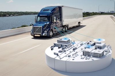 A blue Volvo tractor trailer with a graphic illustrating connectivity to dealerships and more.