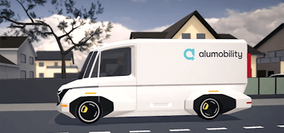 A white Alumobility van on a simulated street.