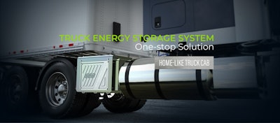A highlighted APU on a truck with the caption 'Truck Energy Storage System One-stop Solution Home-Like Truck Cab'