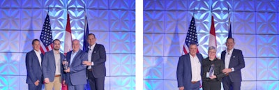 Two groups of people accepting awards in front of flags.