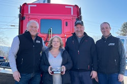 Advantage Truck Group announced the winners of the 2022 Pete DePina Legacy Award. From left are Advantage Truck Group President and CEO Kevin Holmes, service advisor Ellie Clauss, service manager Greg Hatfield, and Vice President of Network Truck Sales Chris Marsh.