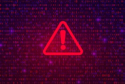 red triangle outline with an exclamation point in the center on top of binary code
