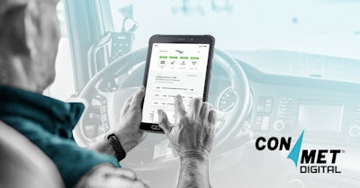 A driver in a truck with a tablet and a screenshot of ConMet Digital with a ConMet Digital logo.