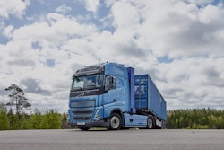 A blue Volvo hydrogen fuel cell truck