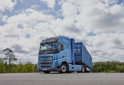 A blue Volvo hydrogen fuel cell truck