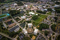 An overhead view of a college campus.