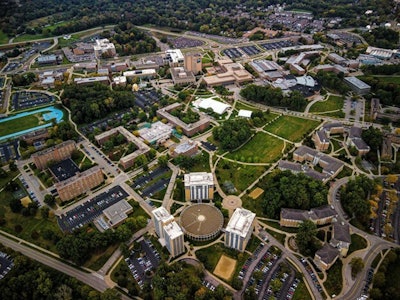 An overhead view of a college campus.