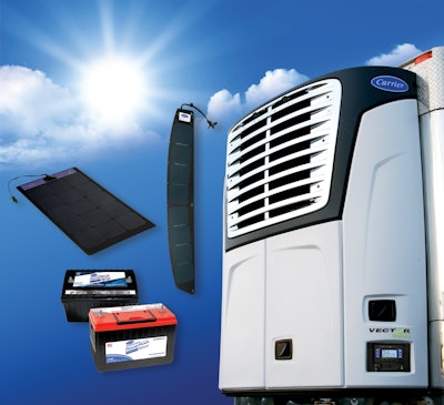 A graphic showing a reefer unit, solar charger and batteries.