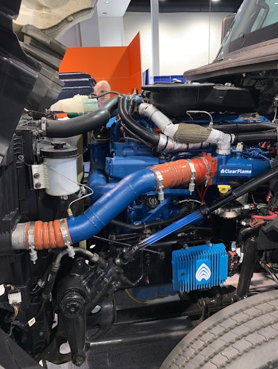 A Cummins X15 diesel engine shown earlier this month at ACT Expo in Anaheim, California was converted by ClearFlame to run on E98 ethanol.