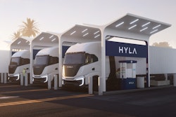 A rendering of trucks at a hydrogen fueling station.