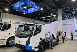 The all-electric Lion 5 that debuted this week at the Advanced Clean Transportation Expo in Anaheim, California is shown above in an ambulance configuration. A longer 153-inch wheel base with rear dualies is also available.