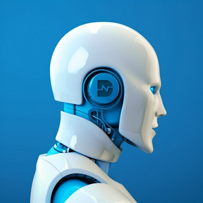 A white robot with blue eyes and blue accents, along with the Diagnostic Networks logo where the ears would be.