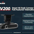A picture of a Queclink CV200 dash camera with features pointed out, including flexible deployment, intelligent data processing and all-in-one telematics.