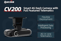 A picture of a Queclink CV200 dash camera with features pointed out, including flexible deployment, intelligent data processing and all-in-one telematics.
