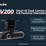 A picture of a Queclink CV200 dash camera with features pointed out, including flexible deployment, intelligent data processing and all-in-one telematics.