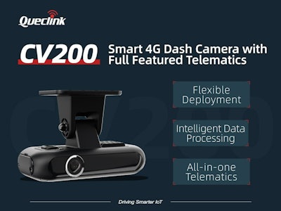 A picture of a Queclink CV200 dash camera with features pointed out, including flexible deployment, intelligent data processing and all-in-one telematics.