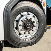 A new Goodyear Urban Max tire on a bus.