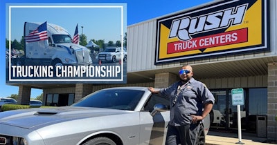 A man standing next to a silver Dodge Challenger in front of Rush Truck Centers, with an inset photo of a white Class 8 truck flying American flags.