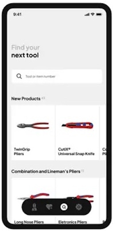 A screenshot of the KNIPEX app showing new products and a search bar.