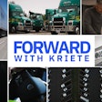 A collage of trucking photos with a logo in the middle that reads Forward with Kriete.