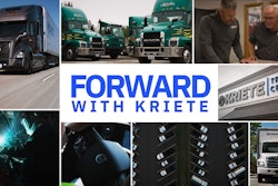 A collage of trucking photos with a logo in the middle that reads Forward with Kriete.