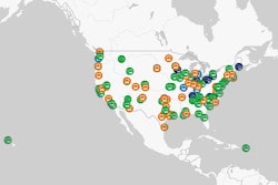 A screenshot of a map of the North America showing federal transit grant awards by using green, orange and navy blue dots.