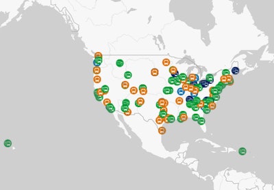 A screenshot of a map of the North America showing federal transit grant awards by using green, orange and navy blue dots.