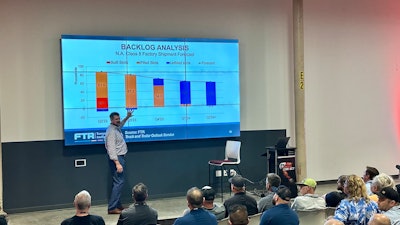 A man gestures to a chart in front of a room full of people.