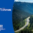The cover of Goodyear's 2022 Corporate Responsibility Report is blue and features a highway winding through a forest with mountains in the background.