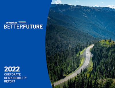 The cover of Goodyear's 2022 Corporate Responsibility Report is blue and features a highway winding through a forest with mountains in the background.