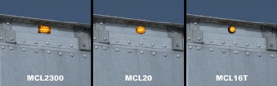 A picture of three orange lights on back of a trailer. The MCL2300 is rectangular, the MCL20 is an oval and the MCL16T is round.