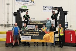 People holding up banners that read '2023 top performing warehouse award' and '2023 most improved warehouse award' with forklifts in the background.