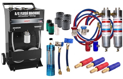 An array of products by AirSept, including a large machine, filters, hoses, and connectors.