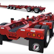 Two views of a flatbed trailer with the Fontaine Specialized logo on the mudflaps.