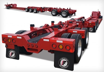 Two views of a flatbed trailer with the Fontaine Specialized logo on the mudflaps.