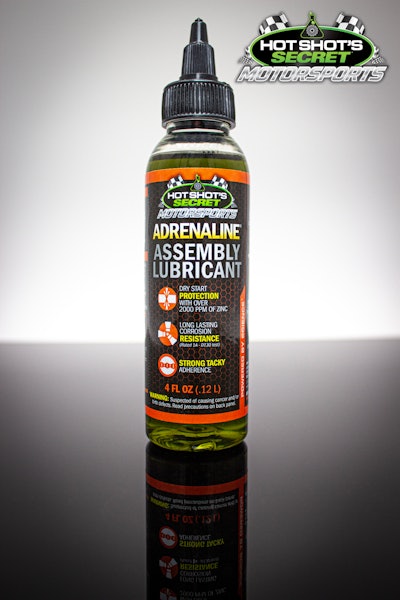 A bottle of Hot Shot's Secret Adrenaline Assembly Lubricant.