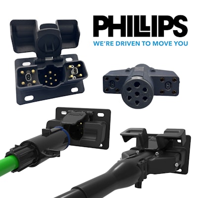 An array of views of Phillips' new EC47 trailer connector, showing it's variety of ports.
