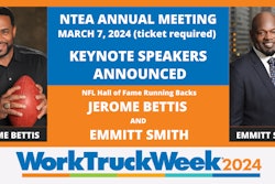 A promotional image for NTEA's Annual Meeting showing Jerome Bettis and Emmitt Smith.
