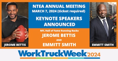 A promotional image for NTEA's Annual Meeting showing Jerome Bettis and Emmitt Smith.