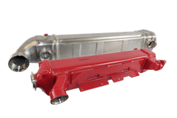 A new Roadwarrior EGR cooler in red and silver.