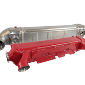 A new Roadwarrior EGR cooler in red and silver.