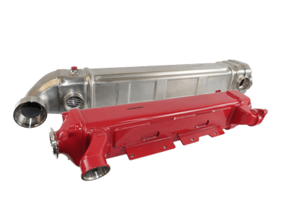 A new Roadwarrior EGR cooler in red and silver.