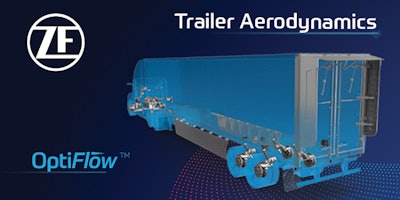 A blue graphic with the ZF logo and OptiFlow trailer aerodynamics logo