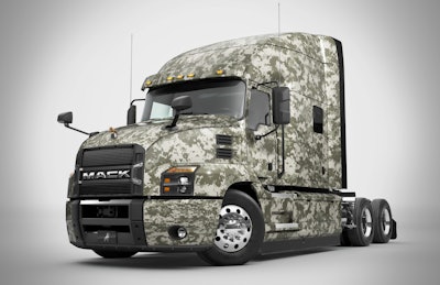 A Mack Anthem sleeper featuring a camouflage wrap for the Workforce Heroes program through ATA.