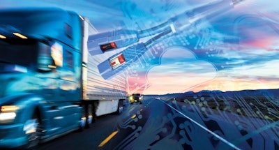 A truck driving down the highway at sunset with a pickup behind it and the Grote 4SEE trailer wires superimposed over it.