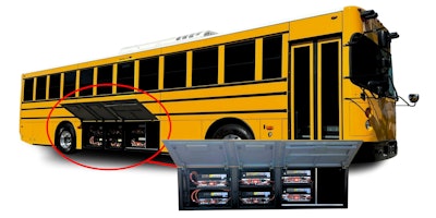 A school bus with the battery pack highlighted.