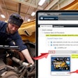 A man wearing a hat works on a truck with a tablet. The tablet's face shows the TruckSeries software with ID tags.