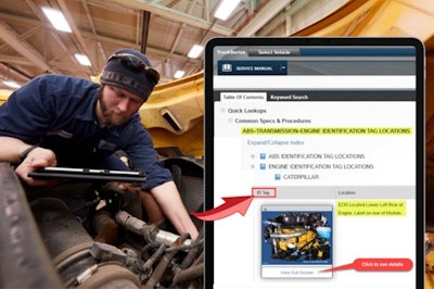 A man wearing a hat works on a truck with a tablet. The tablet's face shows the TruckSeries software with ID tags.