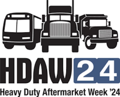 The HDAW'24 logo with a bus, a Class 8 truck and a dump truck.