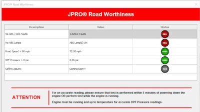 JPRO Road Worthiness dashboard